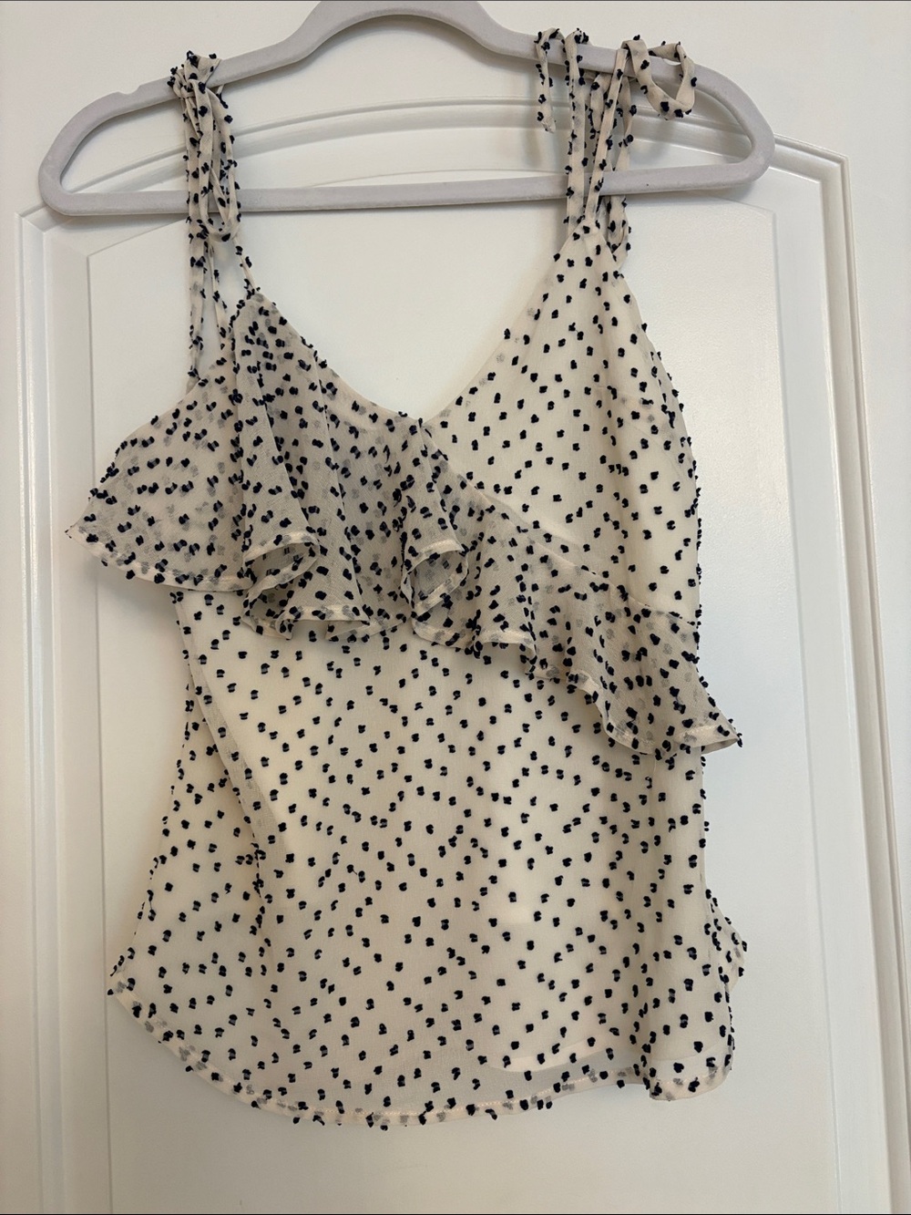 House of Harlow 1960 Cream and Navy Polka Dot Ruffle Camisole